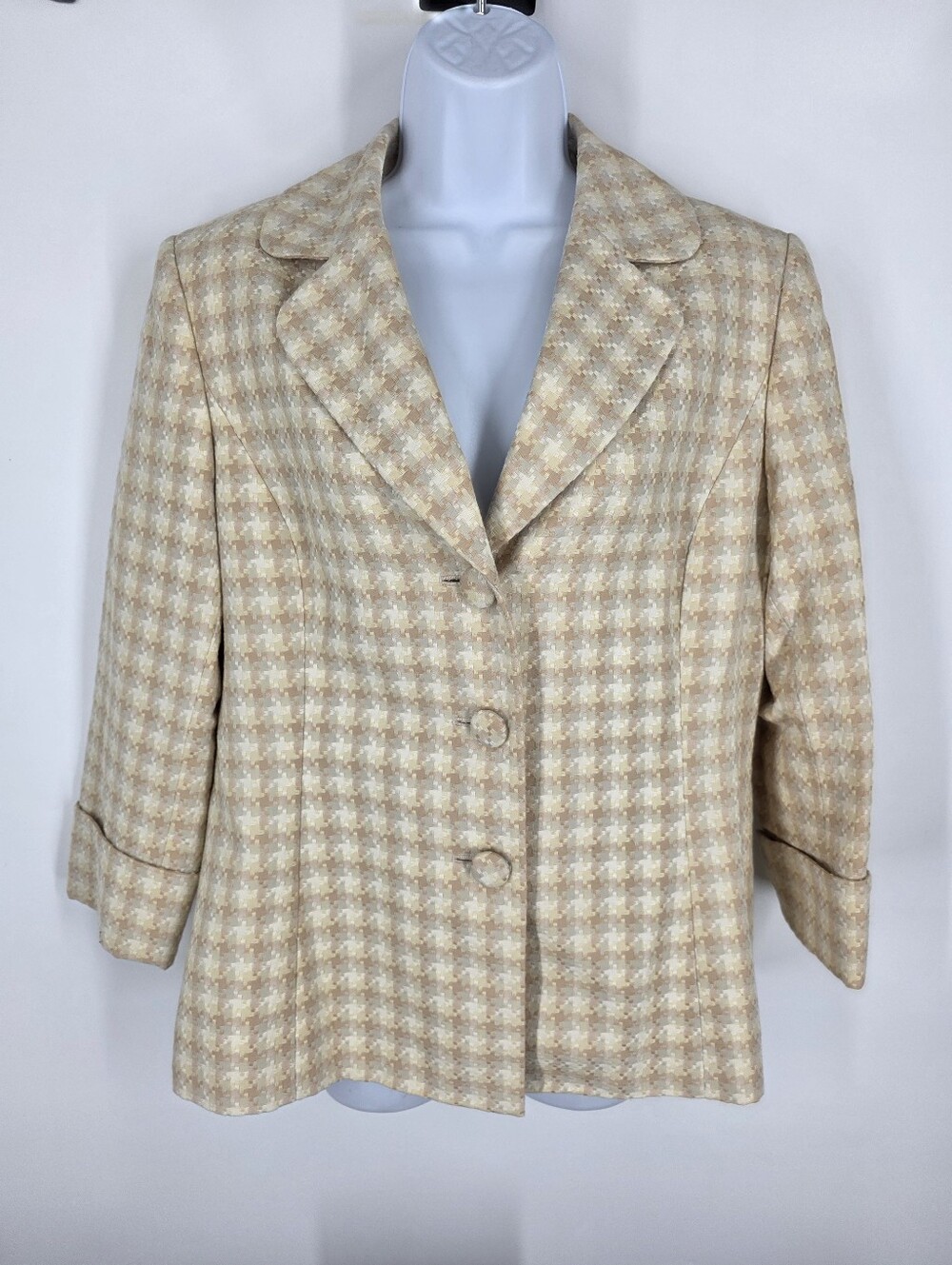 Preston & York Neutral Houndstooth Blazer Jacket Beige Tan Cream Size 10